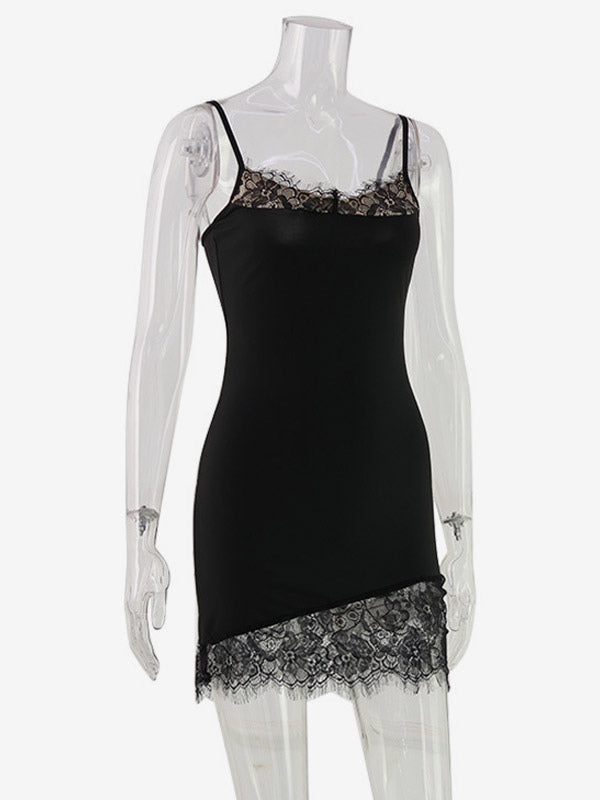 Daily Dresses Spaghetti Strap Eyelash Lace Trim Asymmetrical Hem Bodycon Mini Dress