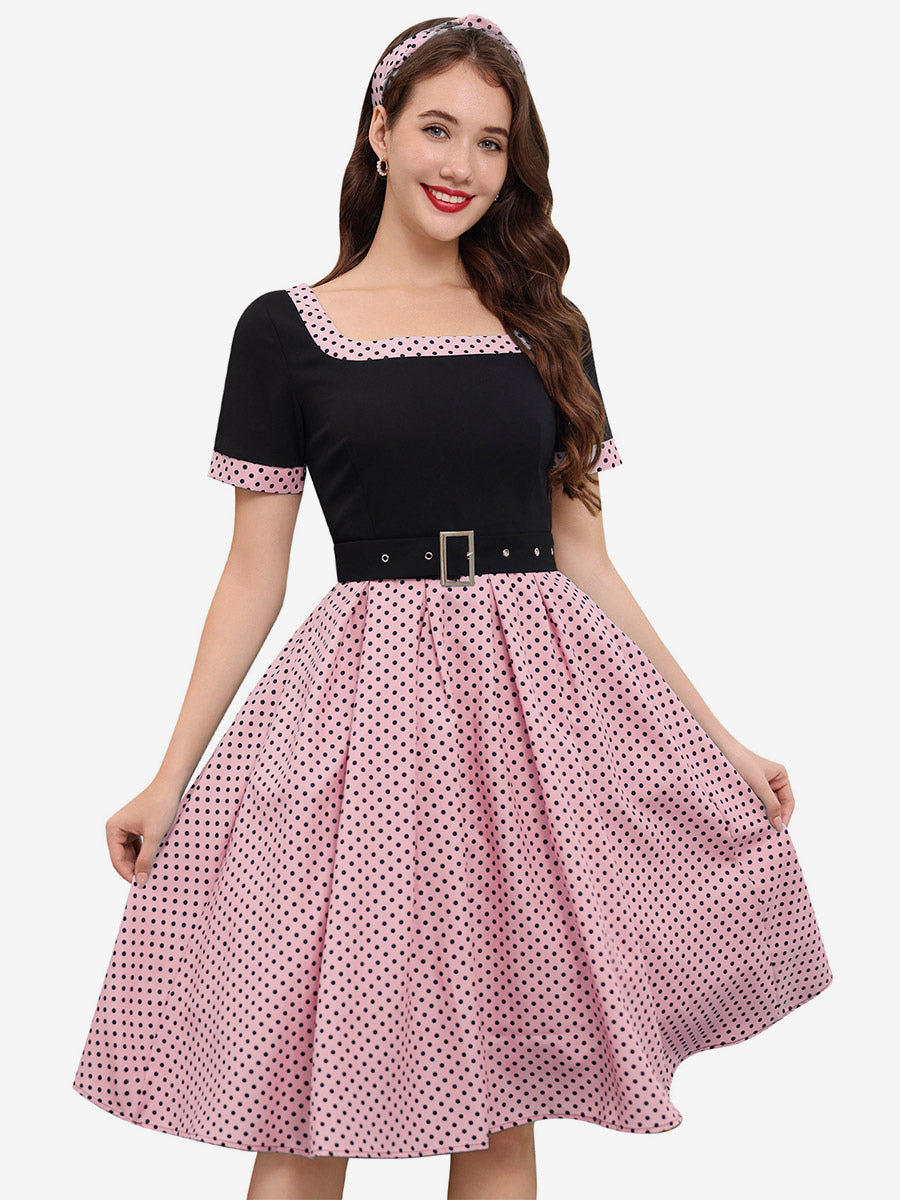 Vintage Swing Dress 1950s Contrast Polka Dot Dress Square Neck Tea Party Dress