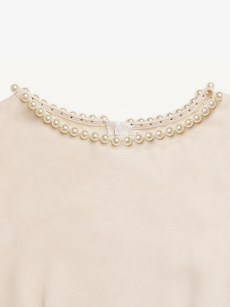 Daily Dresses Casual Midi Cream Satin Sleeveless Pearl Beaded Neckline Self Waist Belt Formal Dress