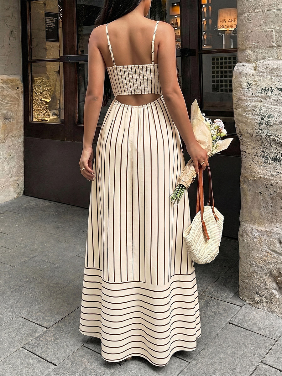 Vacation Long Dress Striped Cami Maxi Square Neck Elastic Cut Out Back Loose Flowy Summer Sundress