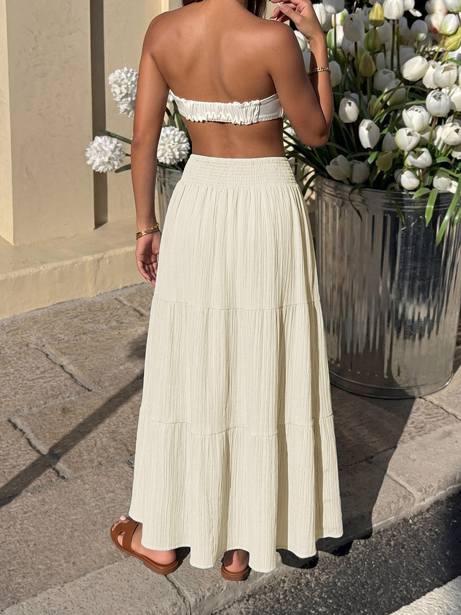 Women Smocked High Waist Tiered Maxi Skirt Textured Flowy Casual Beach Skirt