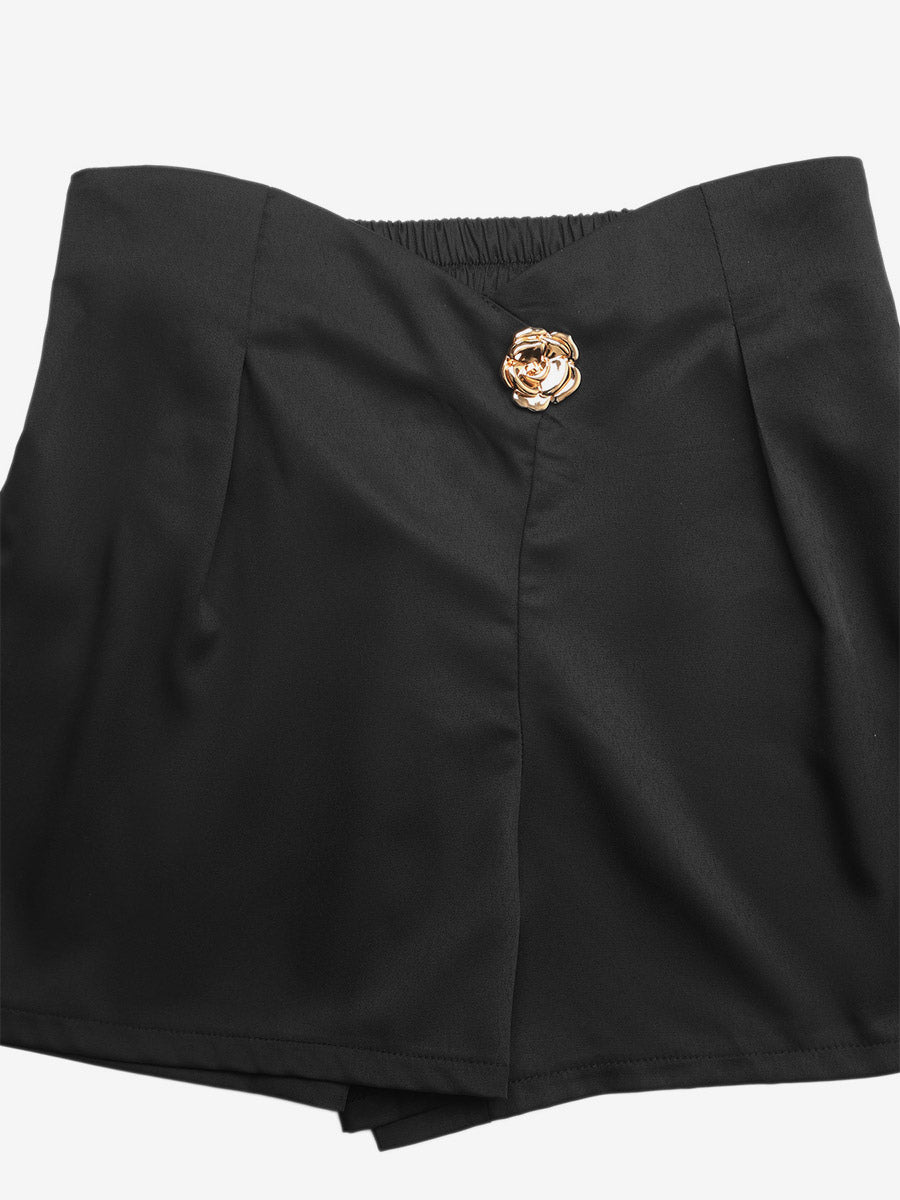 Women High Waist Pleated Shorts Gold Button Decor Elastic Back Casual Dressy Shorts