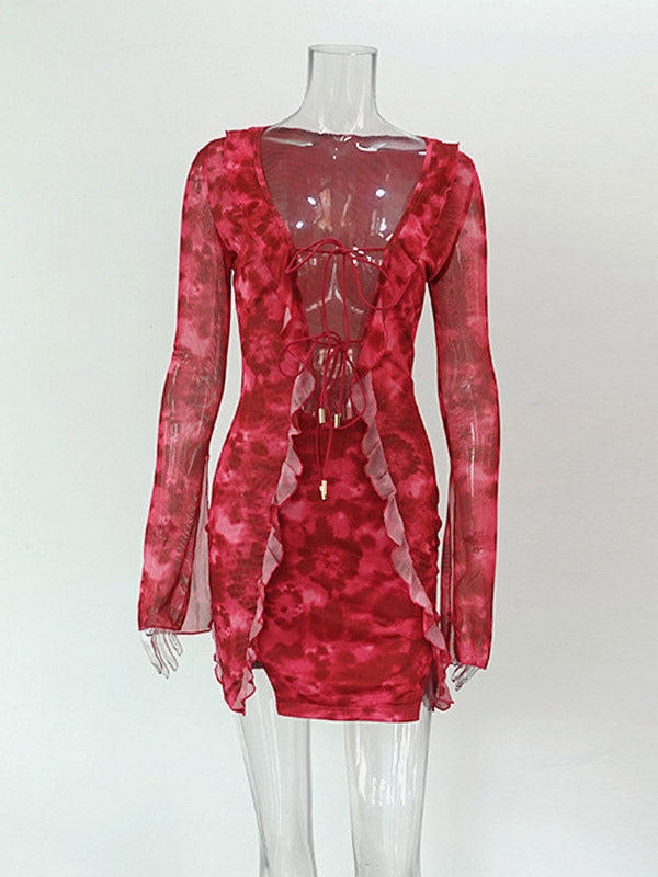 Vacation Dresses Mini Irregular Long Sleeves Geometric V-Neck Sexy Rose Dress