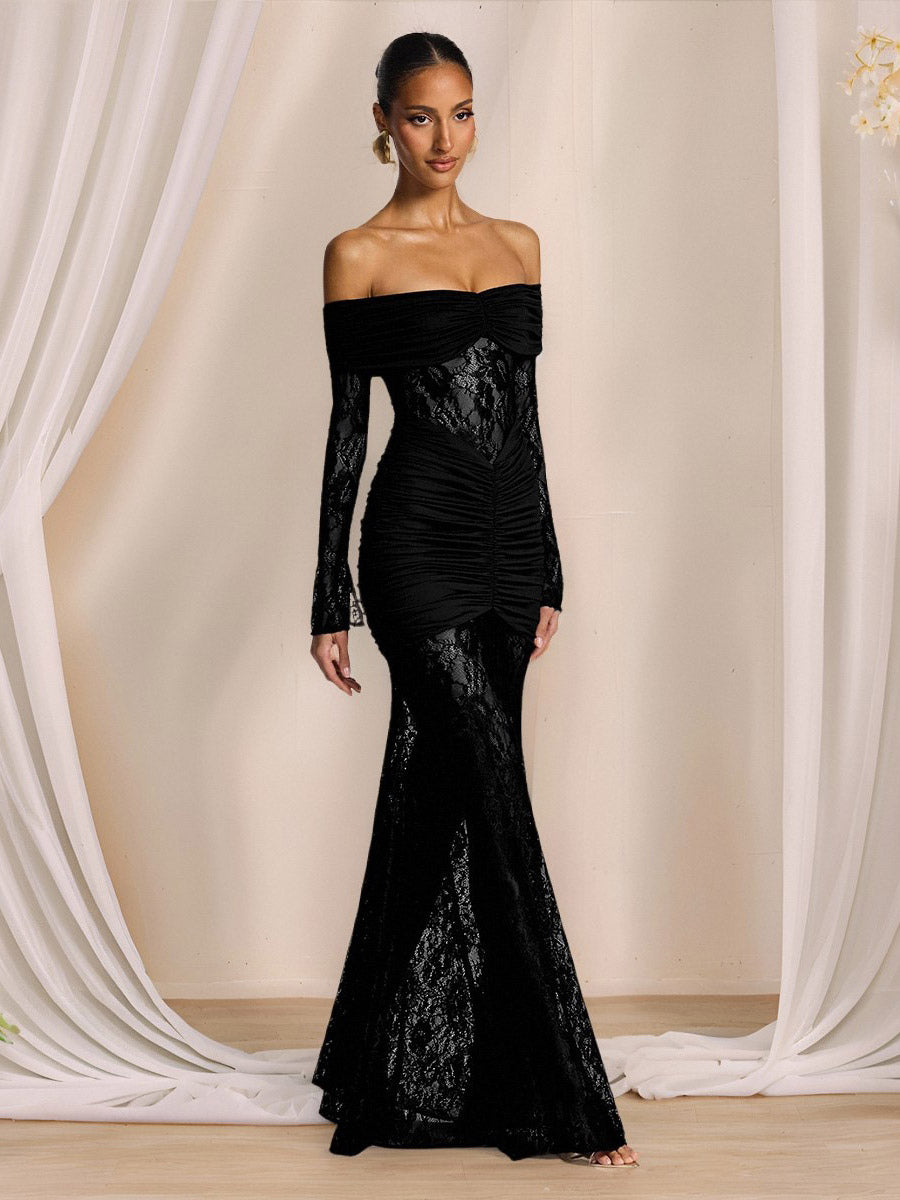 Party Dress Maxi Burgundy Off-The-Shoulder Lace Long Sleeves Sexy Semi Formal Dress