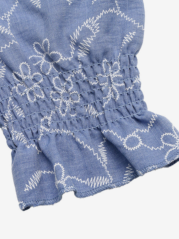 Vacation Sundress Dark Blue Tiny Floral Square Neck Long Puff Sleeve Elastic Waist Flowy Maxi Summer Casual Dress