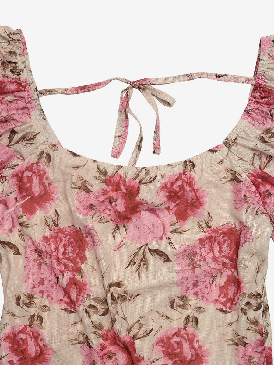 Vacation Beach Sundress Pink Rose Floral Square Neck Midi Flutter Sleeve Tie Waist Ruffle Hem Casual Summer Dress