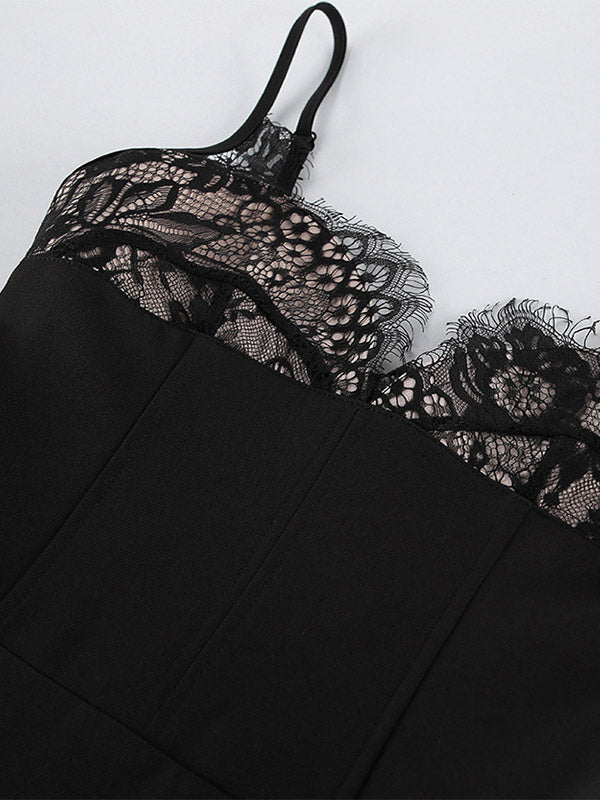 Women Black Lace Trim Spaghetti Strap Bodycon Mini Dress Corset Bust Party Dress