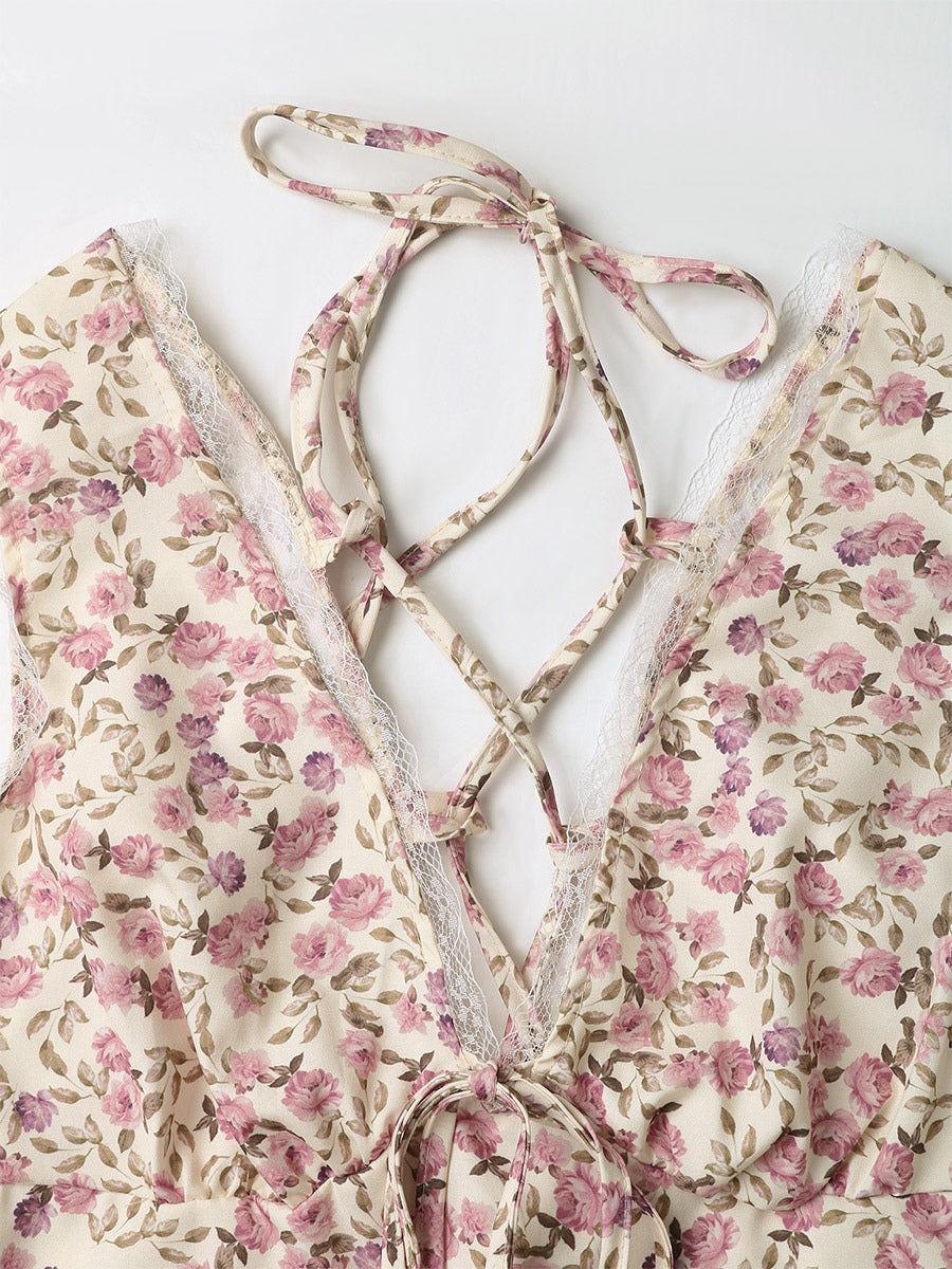 Vacation Floral Dress Printed Sleeveless Backless Lace-up V Neck Summer Dress