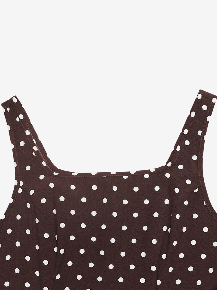 Vacation Sundress Brown Polka Dot Spaghetti Strap Maxi Women Flowy Swing Summer Dress