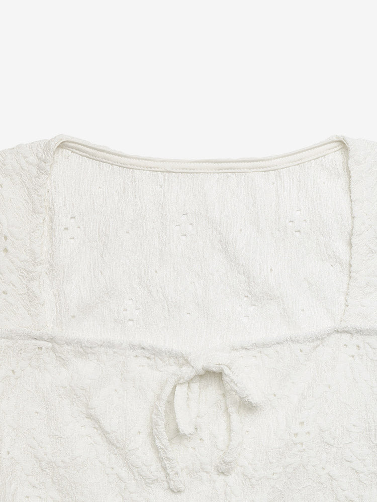 Short Sleeves Tees Ecru White Bows Square Neck Tee Shirt For Women