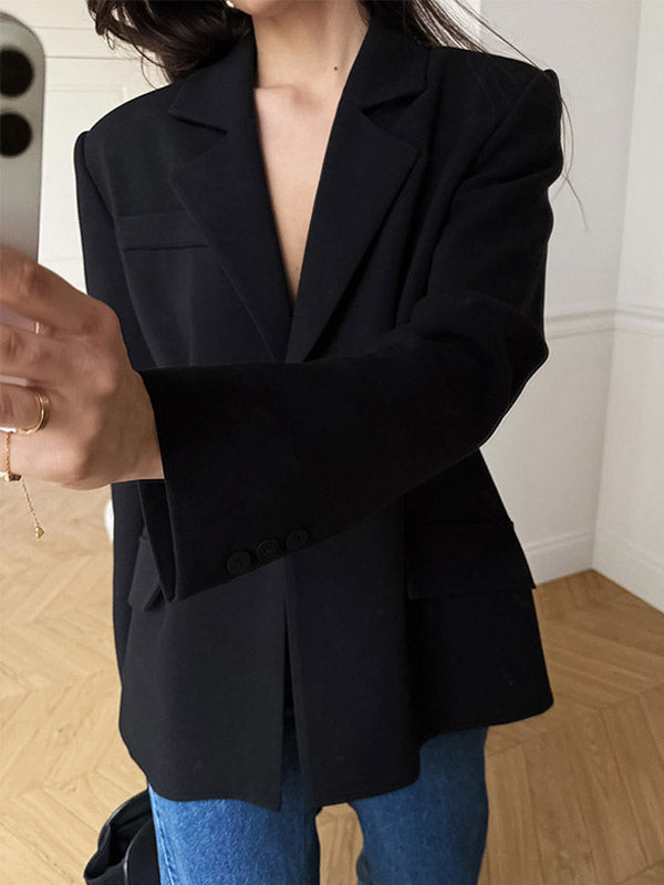 Women Notched Lapel Single Button Fitted Waist Tailored Black Blazer Jacket