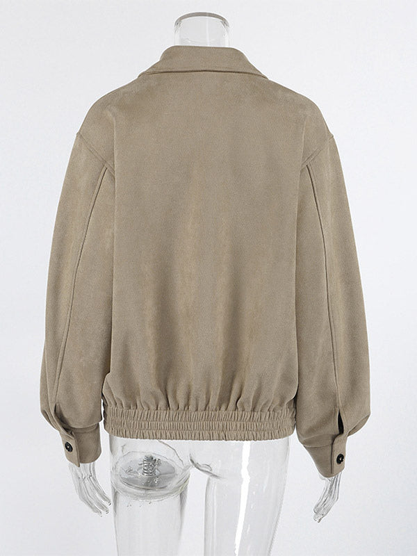 Women Faux Suede Lapel Zip Bomber Jacket Elastic Rib Hem Cropped Casual Coat