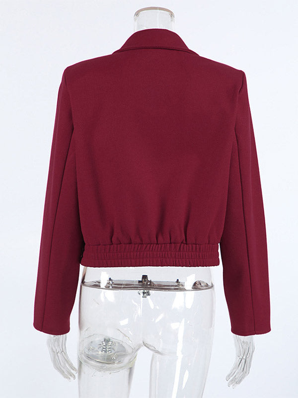 Burgundy Wine Red Minimal Collar Full Zip Elastic Cuff Waist Short Bomber Jacket
