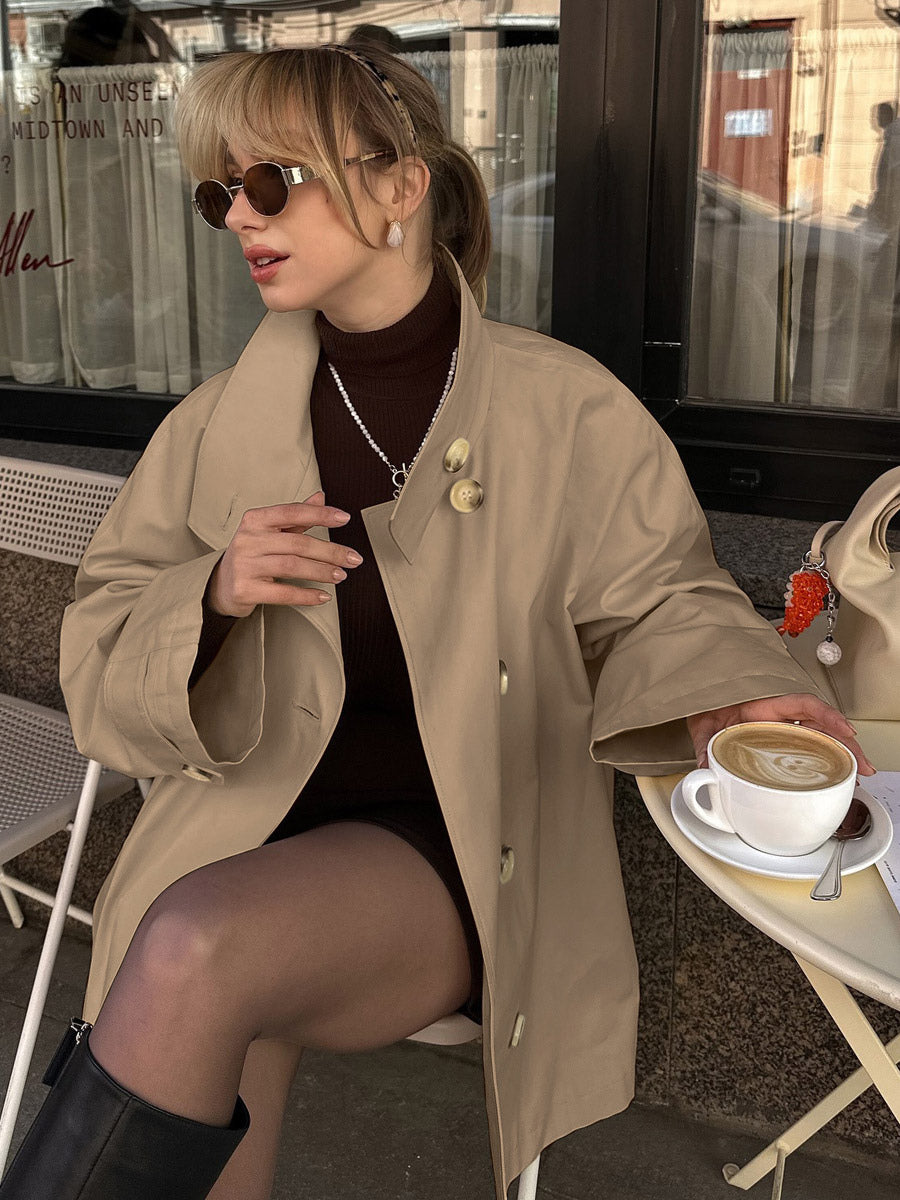 Women Oversized Lapel Double Breasted Mid Length Loose Trench Coat Jacket