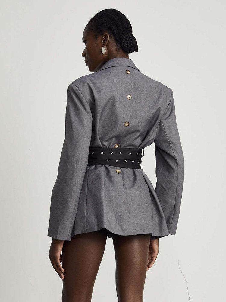 Women Notched Lapel Belted Rivet Strap Cinched Waist Blazer Mini Dress