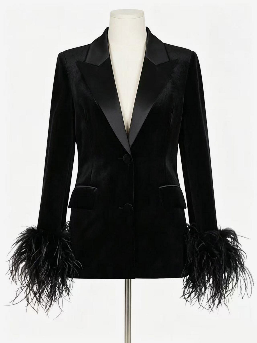 Women Satin Lapel Velvet Blazer With Feather Cuff Trim