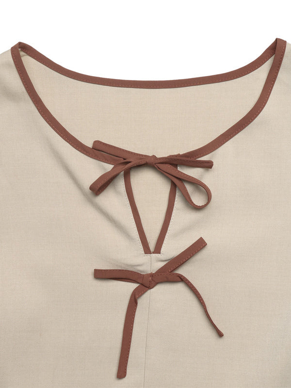 Round Neck Contrast Ribbon Bow Puff Sleeve Peplum Blouse