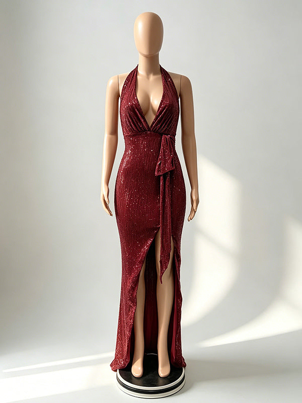 Party Dress Maxi Champagne Halter V-Neck Lace High Slit Sleeveless Sexy Semi Formal Dress