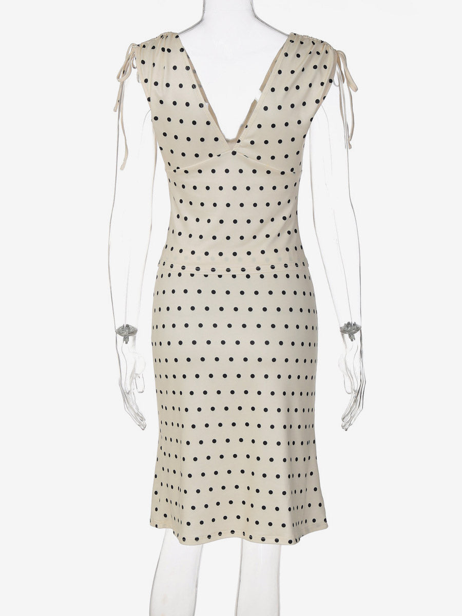 Two Piece Sets Polka Dot Apricot V-Neck Short Sleeves V Neck Tie Strap Cami Top Midi Skirt Set