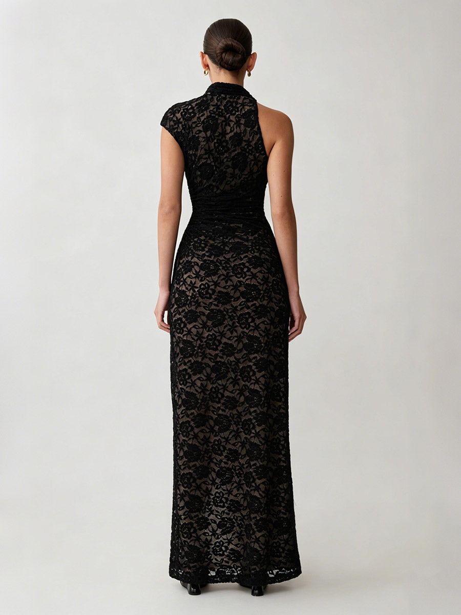 Party Dress Maxi Black High Collar Lace Sleeveless Sexy Bodycon Semi Formal Dress