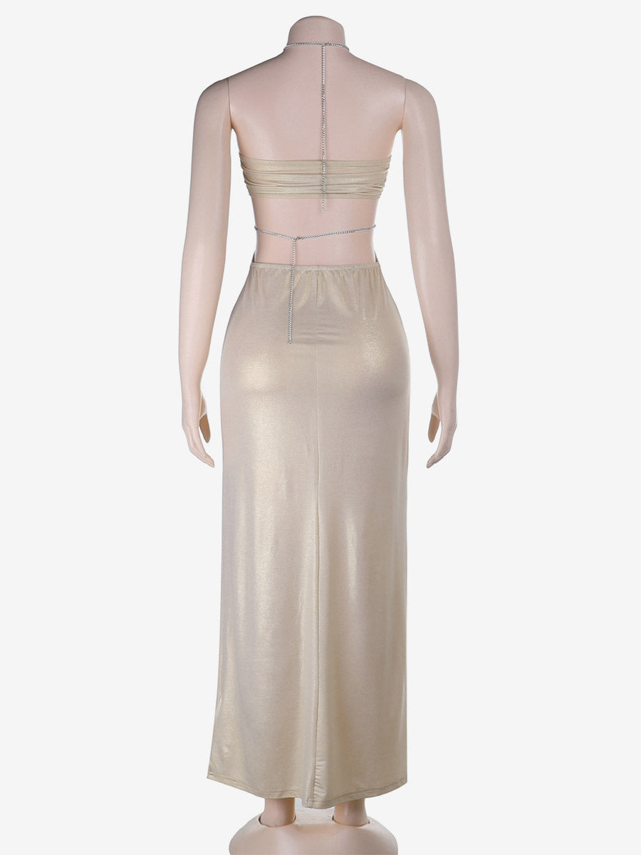 Party Dress Apricot Rhinestone Halter Cutout Waist Backless Side Split Bodycon Satin Mermaid Maxi Dress