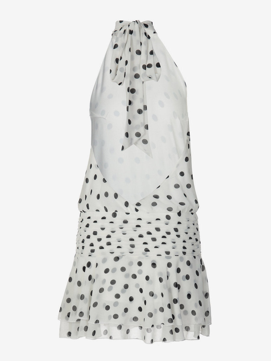 Date Night Dresses Mini Backless Halter Polka Dot High Collar Chic White Chiffon Dress