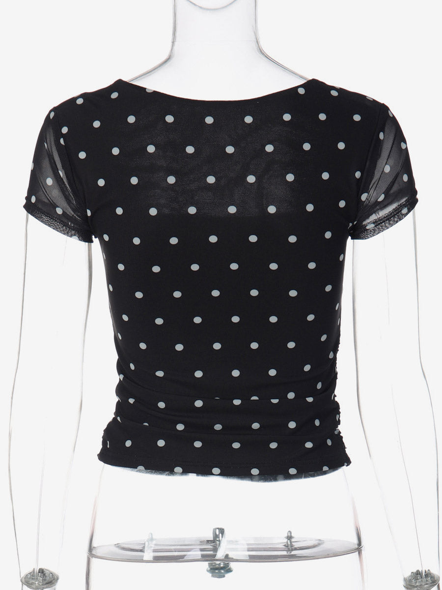 Square Neck Cap Sleeve Polka Dot Ruched Crop Top