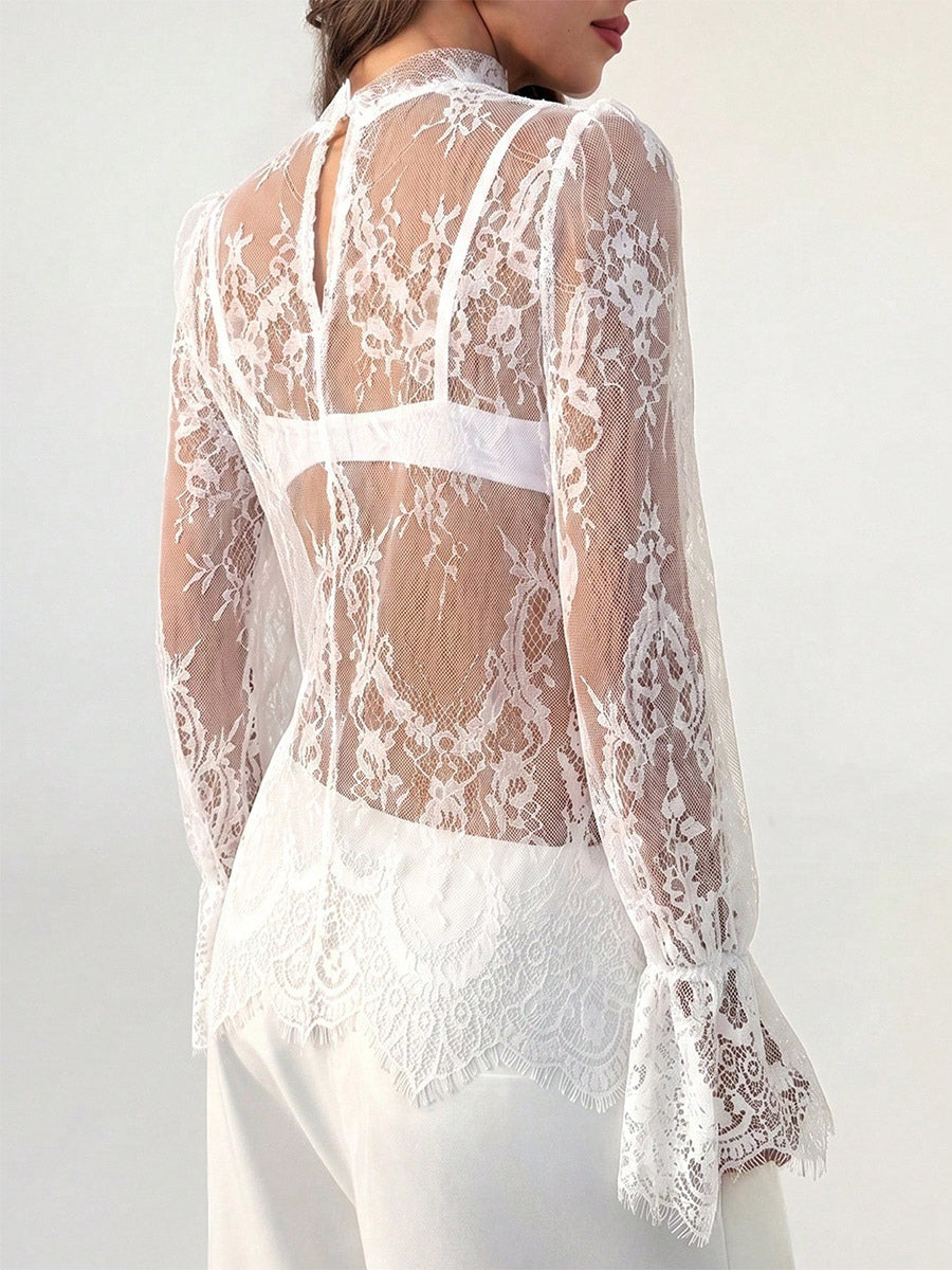 Mock Neck Sheer Floral Lace Flare Long Sleeve Layering Top