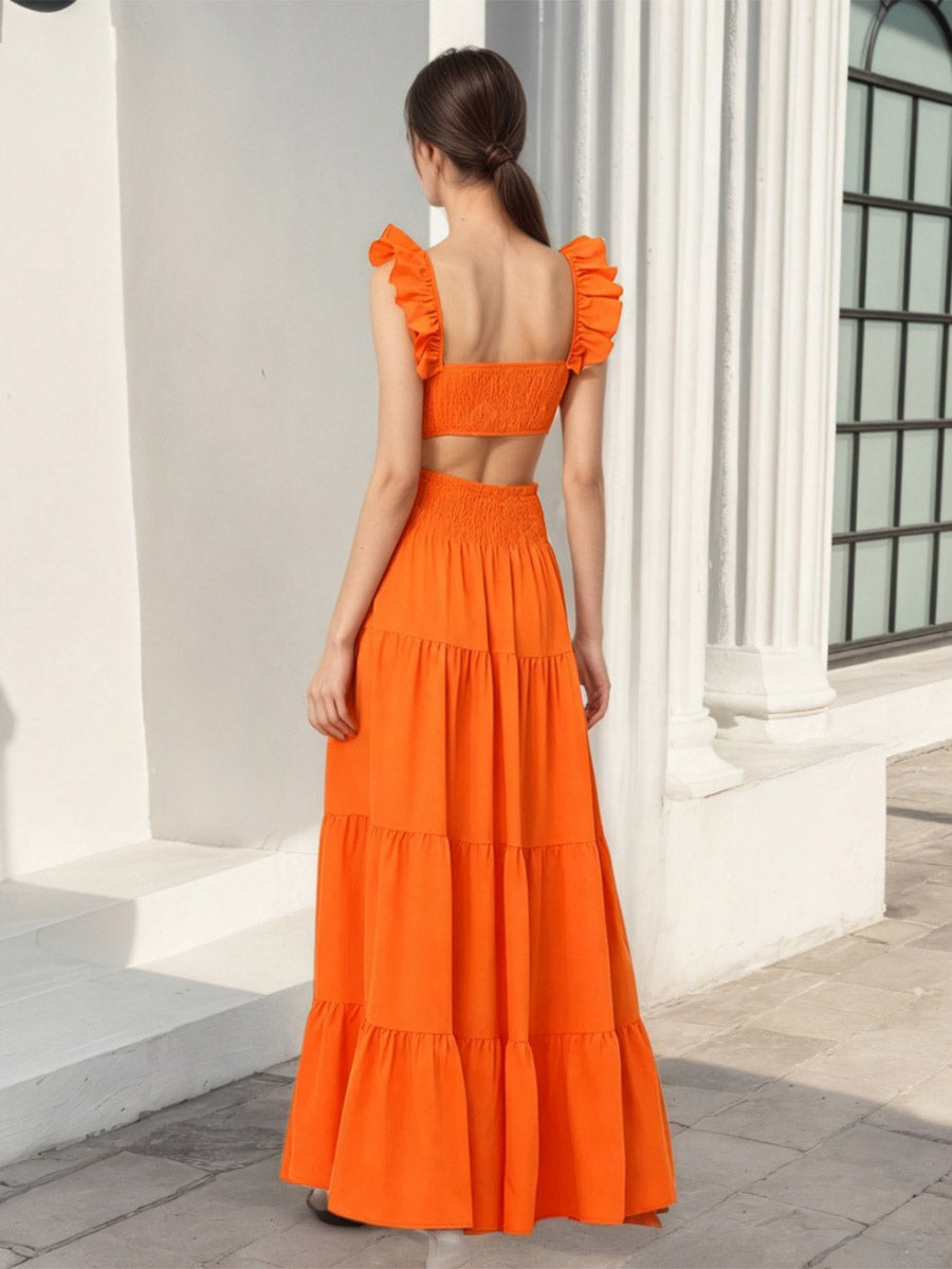 Square Neck Ruffle Strap Crop Top Tiered Maxi Skirt 2 Piece Vacation Outfit Set