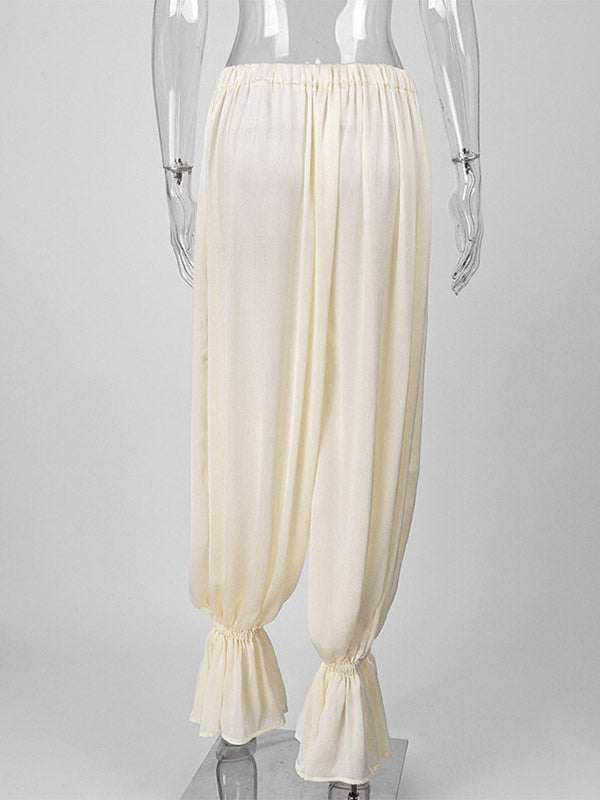 Elastic High Waist Ruffle Cuff Wide Leg Harem Pants Flowy Draped Casual Trousers