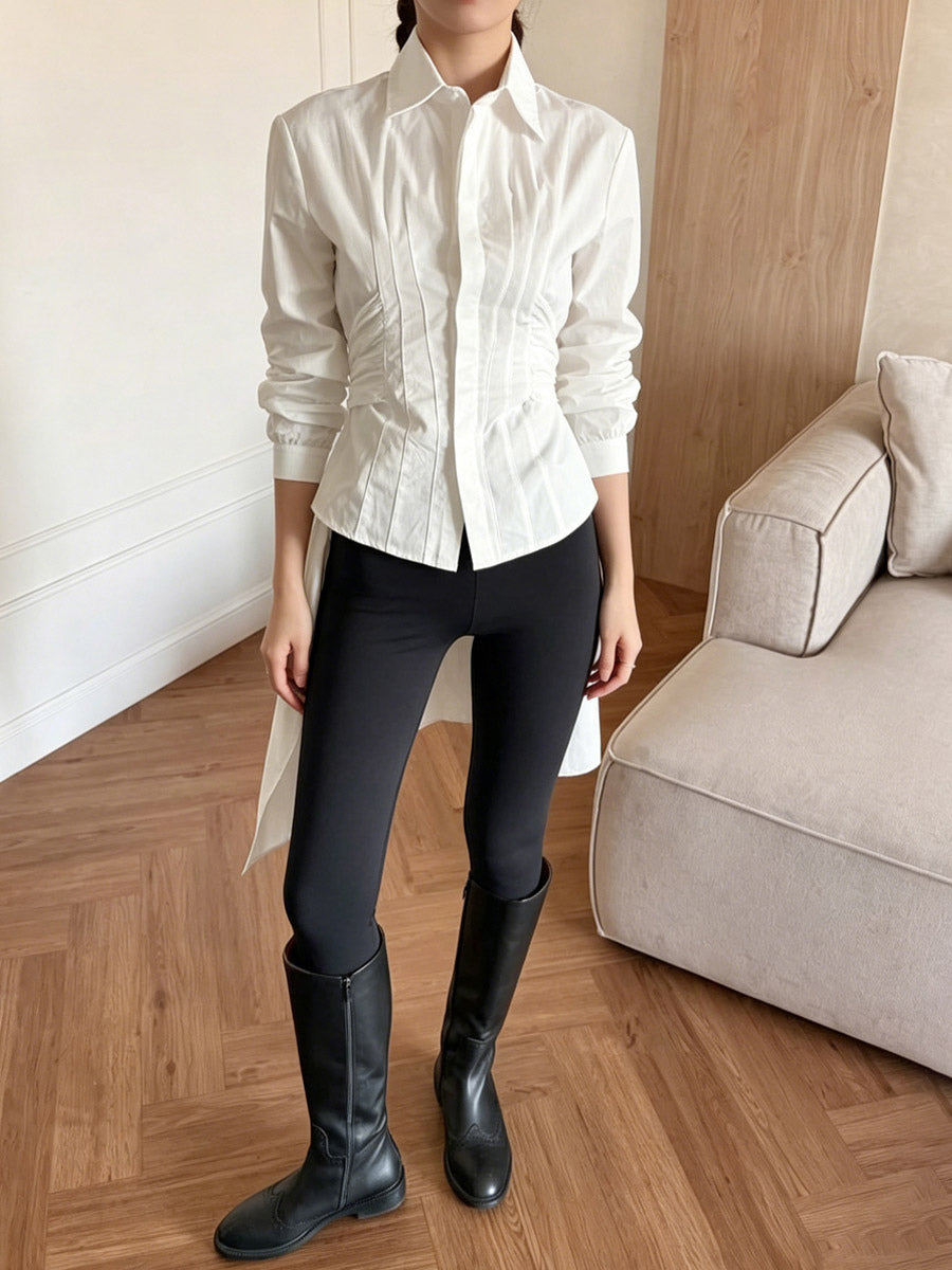 Brown White Two Color Cotton Blouse Front Pleated Slim Fit Cuffed Sleeve Shirts