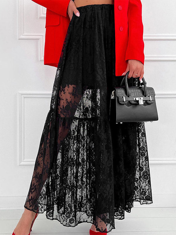Elastic Waist Sheer Floral Lace Tiered Maxi Skirt Black White See Through Long Bottoms