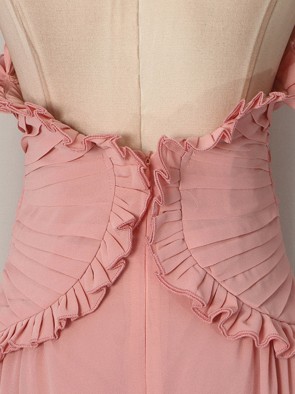 Party Dresses Sleeveless Halter V Neck Ruffle Pleated Flowy Wedding Long Maxi Dress
