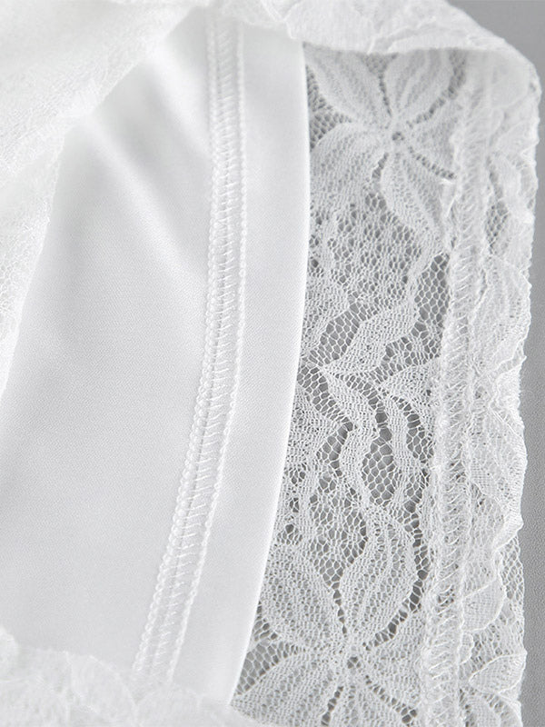 White Floral Lace Two Piece Outfit Spaghetti Strap Crop Top Sheer Wide Leg Pants Sets
