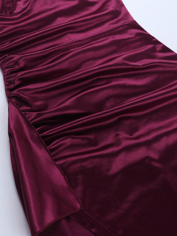Party Dress Maxi Burgundy Straps Neck Lace Spaghetti Strap High Slit Sexy Semi Formal Dress