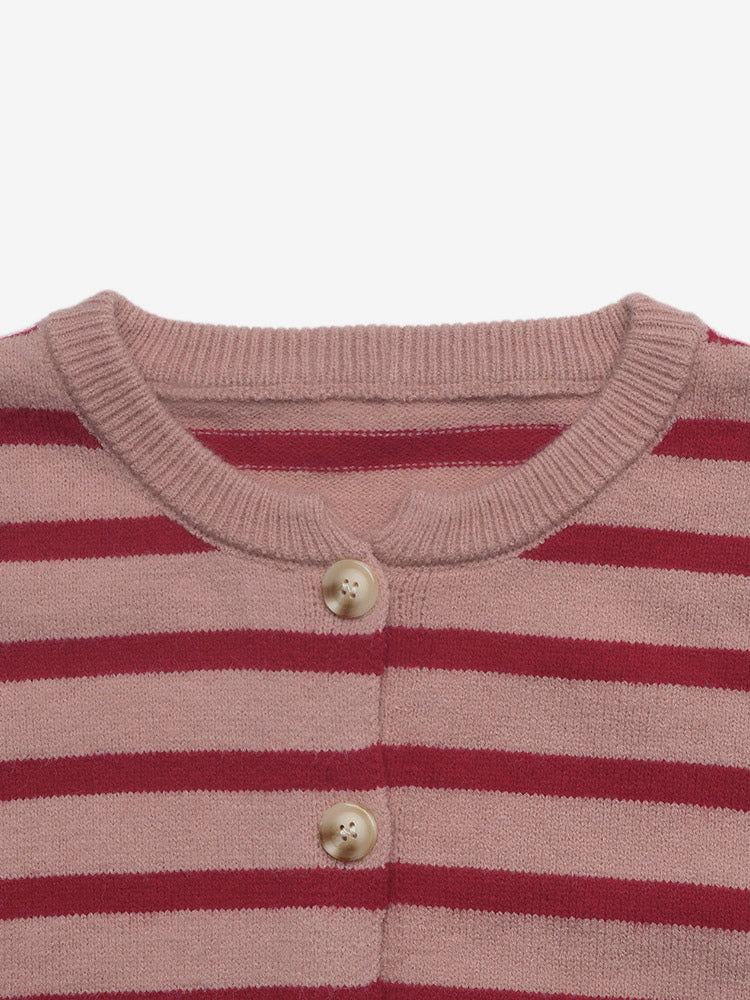 Women Pullover Sweater Red Buttons Stripes Jewel Neck Long Sleeves Sweaters