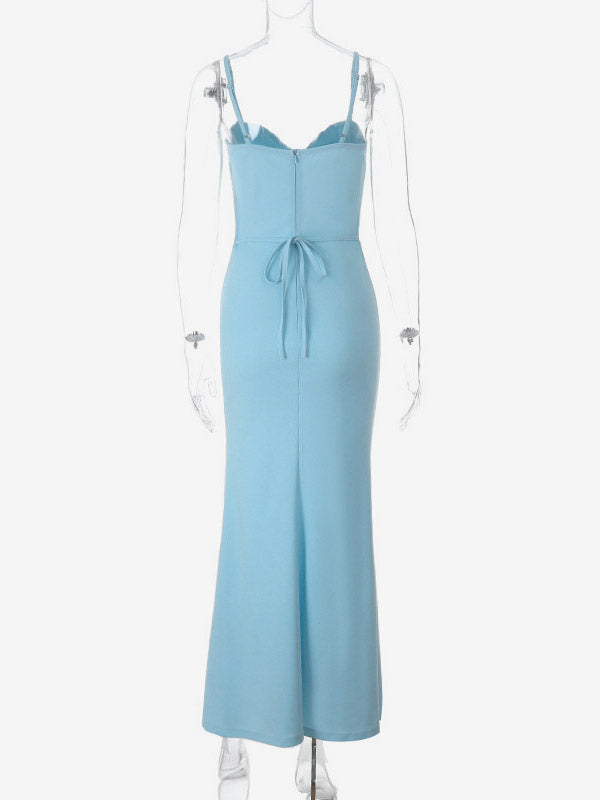 Party Dress Maxi Dresses Light Sky Blue Straps Neck High Slit Sexy Mermaid Dress