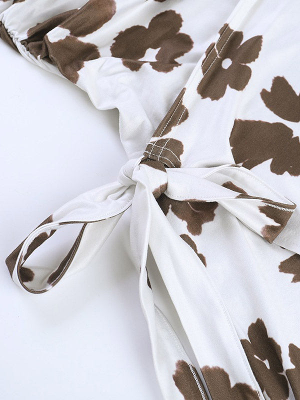 Date Night Dresses White Brown Floral Spaghetti Strap Twist Front Drawstring Side Bodycon Mini Dress