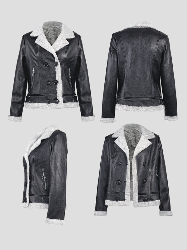 Women's Faux Shearling Lined Leather Jacket Lapel Double Breasted Warm Winter Biker Coat