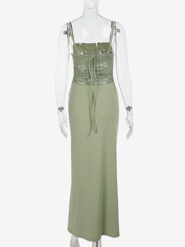 Party Dresses Sage Green Lace Splice Spaghetti Strap Maxi Dress Square Neck Ruched Waist Mermaid Formal Gown