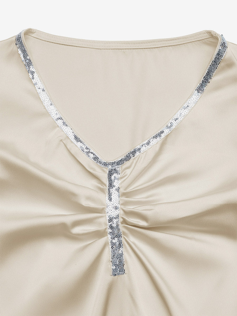 Champagne Satin Long Sleeve Bodysuit V Neck Rhinestone Trim Ruched Front Puff Sleeve Slim Top