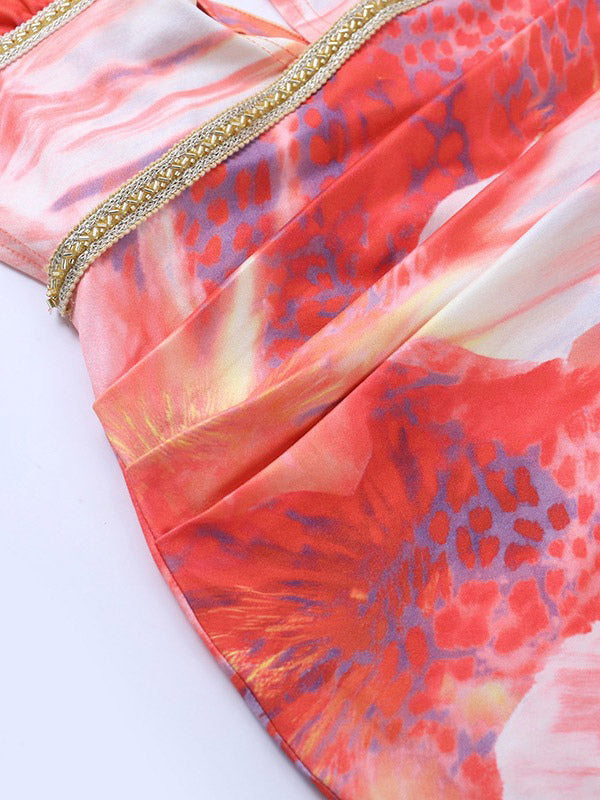Vacation Dresses Red Floral Print Halter Maxi Dress Deep V Cutout Waist Gold Trim Back Tie Mermaid Party Gown
