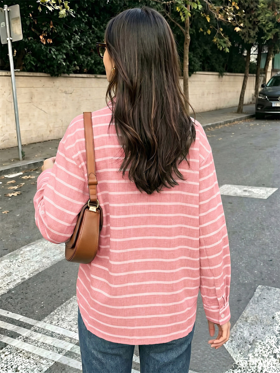 Green Pink Horizontal Striped Button Down Shirt Collar Pocket Long Sleeve Oversized Casual Blouse