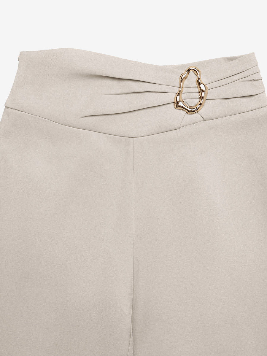 Beige High Waist Wide Leg Pants Front Ruched Metal Ring Decor Loose Straight Long Trousers