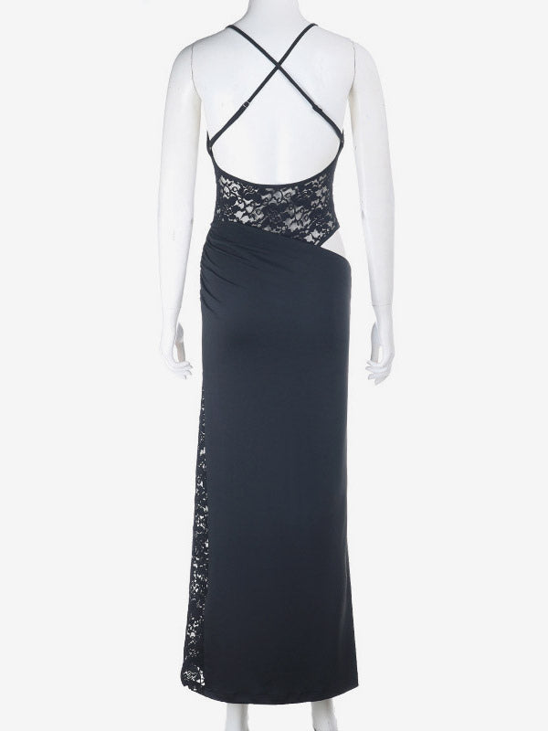 Party Dresses Black Lace Cutout Spaghetti Strap Maxi Dress Side Hollow Slit Back Cross Straps Mermaid Party Gown
