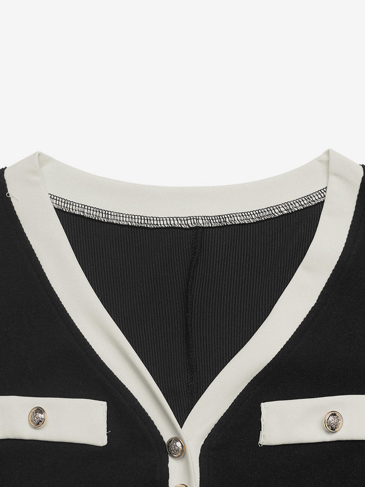 Daily Dresses Black Contrast White Trim Knit Midi Dress V Neck Pocket Belt Tie Waist Long Sleeve A Line Dress