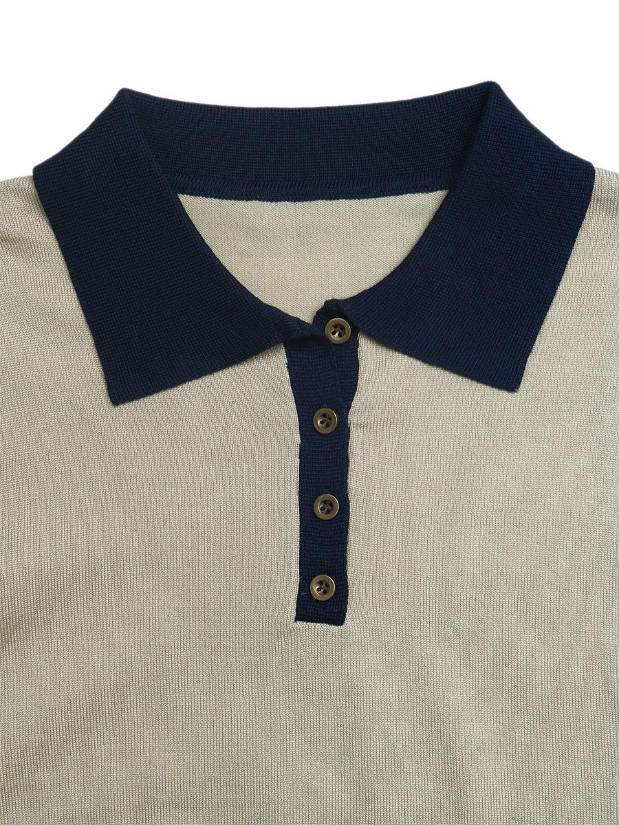 Tea Color Contrast Navy Collar Polo Knit Sweater Half Button Long Sleeve Slim Preppy Pullover