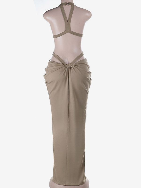 Vacation Dresses Khaki Halter Cutout Maxi Dress Strappy Backless Ruched Side Slit Bodycon Evening Party Gown