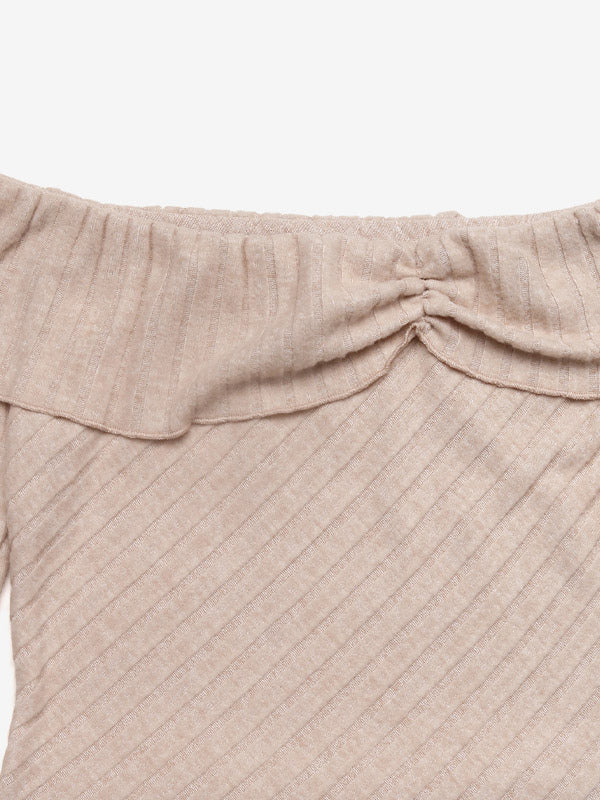 Beige Twist Front Off Shoulder Ribbed Knit Top Long Sleeve Asymmetrical Hem Slim Sweater