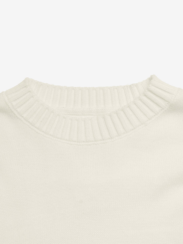 Cream White Crew Neck Knit Sweater Big Contrast Black Bow Embroidery Long Sleeve Loose Pullover